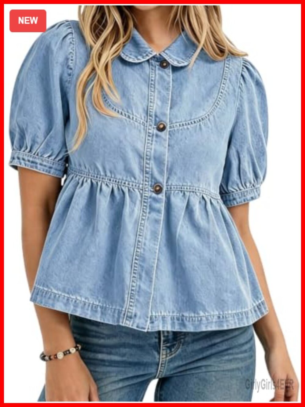 Womens Denim Shirt Puff Sleeve V-Neck Button Down Loose Fit Cotton Blend